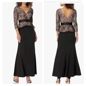 JS Collection Women's V Neck Lace Peplum Gown